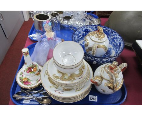 Plated Sugar Tongs, Old Country Roses, spill vase, blue and white bowl, Japanese egg shell part tea service:- One Tray