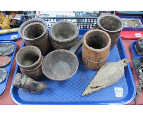 A Treen Carved Ladle, iron bound vessels.
