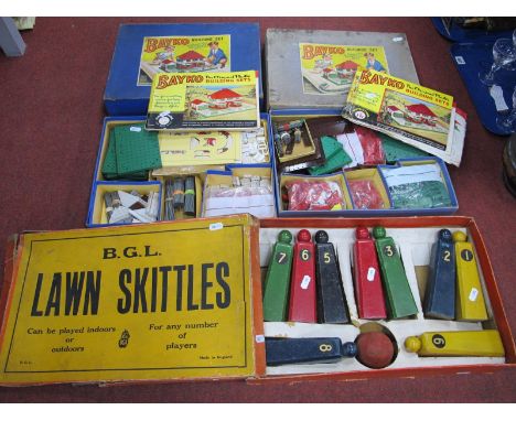 Two Boxed No 2 Bayko Building Sets, (contents unchecked), along with a  boxed B.G.L lawn skittle set, (contents unchecked).