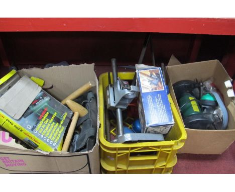 Tools - Bosch Wheel Bench Grinder, hot air gun, Marples mitre cutting cramp, drill stand, Marples cramp, spanners, etc (all u