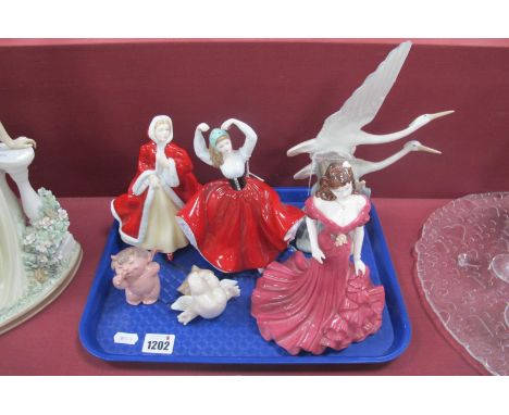 Royal Doulton Figures 'Rachel', 'Karen', Coalport figure of 'Lorraine', Nao cherubs etc:- One Tray.