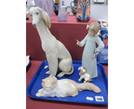 Laldro Figure of a Seated Afghan Hound, 30cm high; Nao Cat and Girl with Puppy. (3)