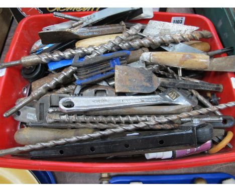 A Mixed Selection of Hand Tools and Sundry Items, including wrench, bolsters, drill bits and files.