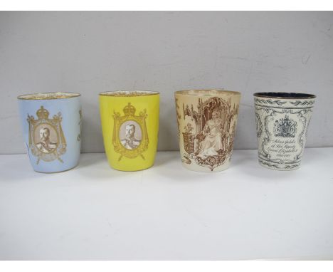 Royal Doulton 1911 Coronation Beakers, each with cartouche containing a sepia image of Monarchs, one with yellow ground, the 