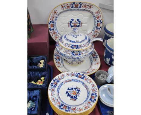 Minton's Dinner Ware, comprising a large tureen and ladle, meat plate with draining facility 47cm wide, another smaller, eigh
