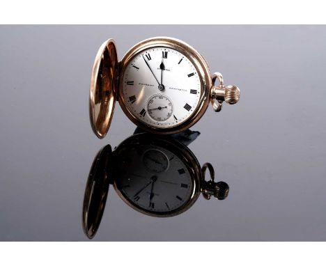 A "Suprex" gold plated hunter pocket watch retailed by J. J. Grant of Newcastle, with crown wound lever movement, white ename