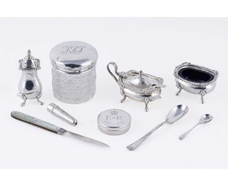 A three piece silver condiment set, comprising: mustard, table salt and pepperette; a mother-of-pearl handled silver bladed f