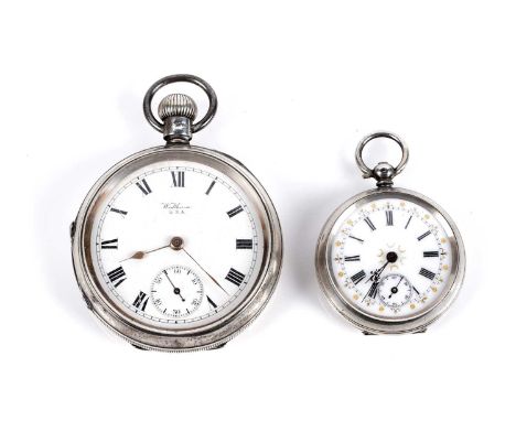 Waltham, Massachusetts: a silver cased open faced pocket watch, white enamel Roman dial, with subsidiary seconds aperture, fi