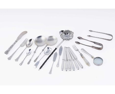 A pair of decorative silver spoons by Willian Hutton and Sons, London 1902; and a selection of silver flatware, comprising: a