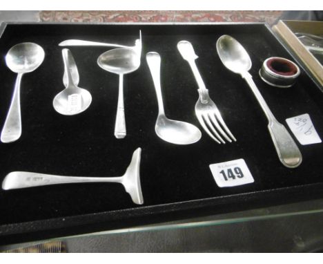 A SMALL ASSORTMENT OF FLATWARE, MOSTLY ENGLISH INCLUDING A SILVER SPOON IN THE STYLE OF CHRISTOPHER DRESSER 
