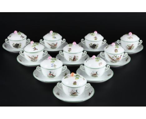 Herend CHTM Hunters Trophies 10 Suppentassen 1718, soup cups,Porzellan, Ungarn 20. Jahrhundert, blaue Bodenmarke, Dekor CHTM 