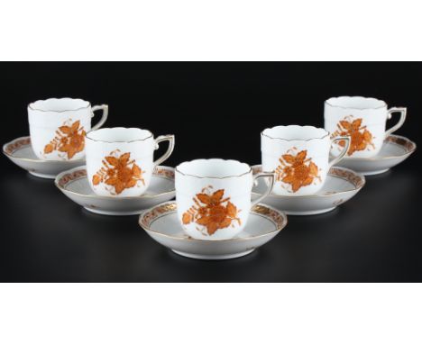 Herend AM Apponyi Braun 5 Mokkatassen, coffee cups,Porzellan, Ungarn 20. Jahrhundert, blaue Bodenmarke, Dekor AM Apponyi Brau