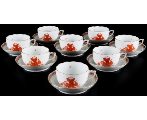 Herend AOG Apponyi Orange 8 Teetassen, tea cups,Porzellan, Ungarn 20. Jahrhundert, blaue Bodenmarke, Dekor Apponyi Orange, 8x