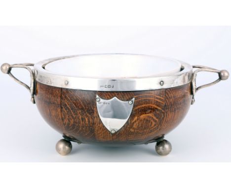 925 Silber Servierschale, Mappin &amp; Webb England um 1900, sterling silver wooden bowl, Silber, Eichenholz, England Sheffie