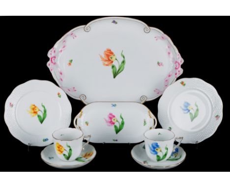 Herend KY Kitty 2 Kaffeegedecke mit Schleifentablett und Platte, coffee cups tray and dish,Porzellan, Ungarn 20. Jahrhundert,