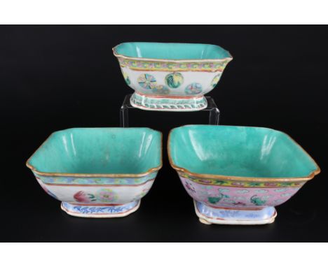China 3 Schalen Famille verte, chinese ceramic bowls,Porzellan, China wohl Qing-Dynastie, am Boden mit Siegelmarke, polychrom