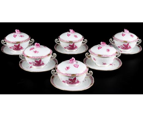 Herend AP Apponyi Purpur 6 Suppentassen mit Deckel, soup  cups,Porzellan, Ungarn 20. Jahrhundert, blaue Bodenmarke, Dekor App