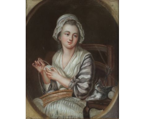 Unbekannter Maler des 19. Jahrhunderts Portrait junge Frau mit Wollknäuel und Katze, portraiture woman with ball of wool and 