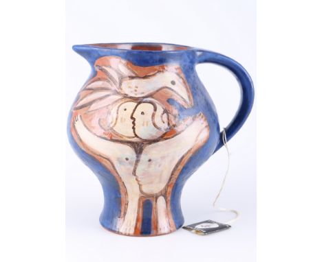 Karlsruhe Majolika Kanne Liebespaar, Eva Fritz-Lindner (1933-2017), german majolica pot lovers ceramic pot,Keramik, am Boden 