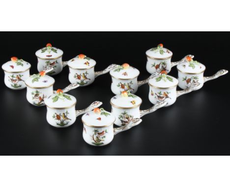 Herend RO Rothschild 11 Kakaotassen mit Deckel, chocolate lid cups,Porzellan, Ungarn 20. Jahrhundert, blaue Bodenmarke, Dekor