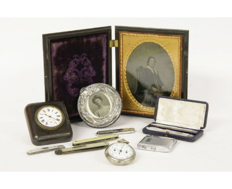 A cased pair of silver and mother of pearl fruit knives, a collection of similar, and a Victorian portrait housed within a Ba