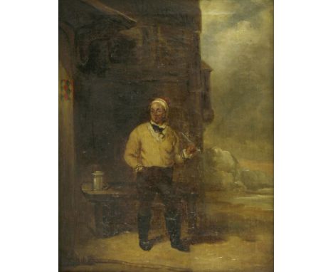 Circle of Henry Perlee Parker (1795-1873)A FISHERMAN HOLDING A CLAY PIPE OUTSIDE A TAVERN IN A COASTAL LANDSCAPE;A MAN WITH A