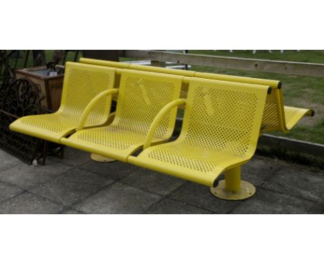 A British Rail back to back yellow painted bench, 171cm wide, 133cm deep