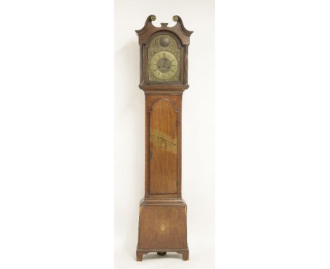 A 19th century inlaid oak eight day longcase clock, with a brass arched dial, lacking hood door, 223cm high