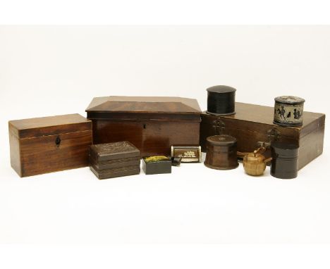 Various wooden boxes, to include a 19th century tea caddy, turned wood boxes and an LNWR horn whistle