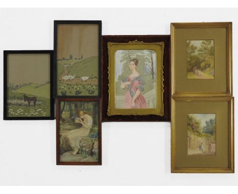 A pair of small watercolours, a portrait, and three embroidered pictures