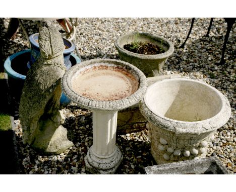 Garden items including a bird bath, a planter, three glazed pots, a trough, two dragon ornaments, and a planter on a stand (q