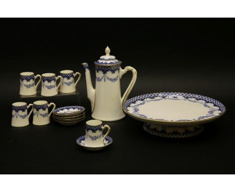 A Royal Worcester blue and white decorated coffee set, consisting a pot, six cups and saucers and a tray