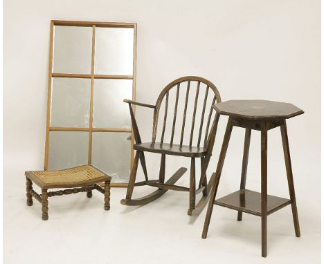 An Ercol child's rocking chair, together with Edwardian inlaid occasional table, a caned footstool, and a segmented mirror
