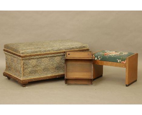 An Edwardian upholstered ottoman, a dressing table stool, a small mahogany open shelf , and a broken column