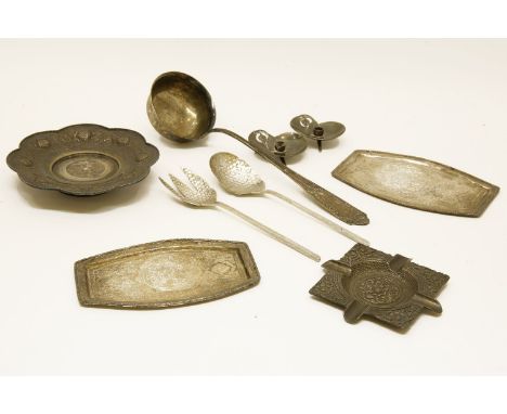 A pair of 800 grade silver salad servers, an 800 grade silver ladle and a small Persian silver dish, etc