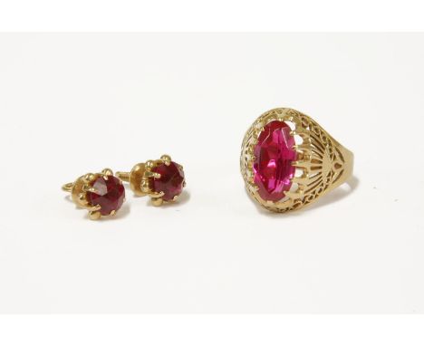 A Russian gold single stone synthetic ruby ring, with openwork shoulders marked 583 Zolotnik, and a pair of Russian gold sing