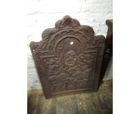 Antique cast iron fire back decorated in relief with Neptune surrounded by further figures, 80 x 58cmApprox. depth of fire ba
