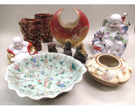 Miscellaneous items of oriental porcelain, pottery, soapstone etc., including two item of SatsumaVarious damages as shown in 