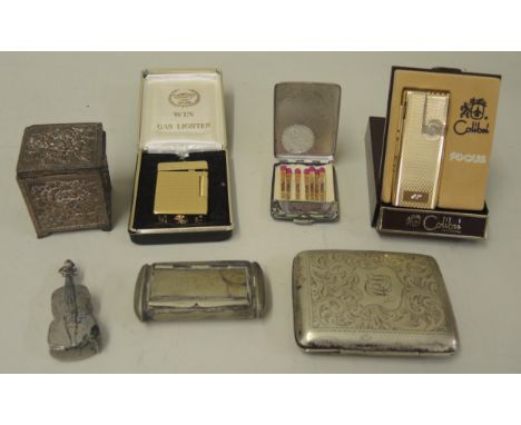 Small antimony floral decorated box, plated vesta case in the form of a violin, another plated snuff box, lighters etc. 