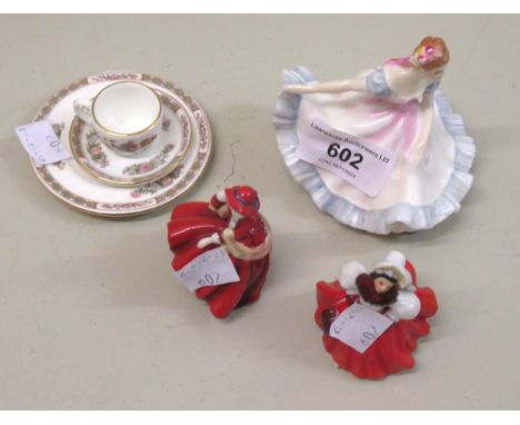 Three Doulton miniature figures and a Wedgwood Rose miniature trio 