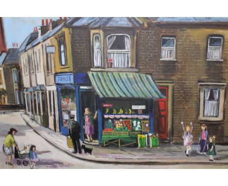 John Ash, 20th Century oil on canvas, street scene with figures before a grocer's shop, signed, 76 x 86cm, unframed 