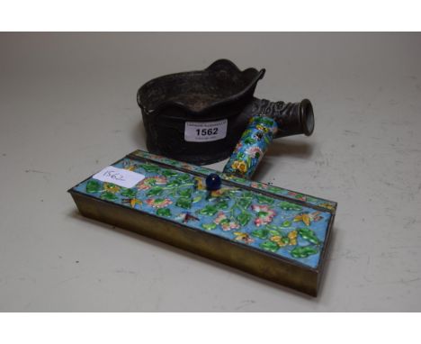 Chinese bronze ladle with relief decoration (handle lacking), together with a Canton enamel box with hinged cover and handle 
