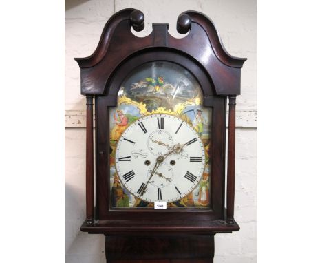 19th Century Scottish mahogany longcase clock, the arch top painted dial decorated with figures, the circular dial with subsi