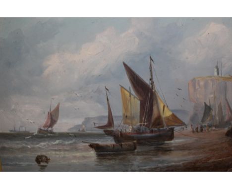 19th Century oil on board, shipping off the Kent coast with various boats and figures, attributed to William Broome, bearing 