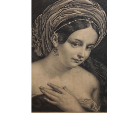 Charcoal drawing, head and shoulder portrait of a maiden ' Esclave Georgienne ', indistinctly signed, 30 x 24cm 