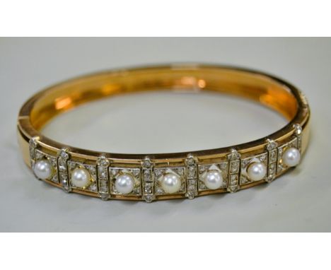 Late 19th / early 20th Century rose gold cultured pearl and rose cut diamond bangle, in the original fitted Morocco leather c