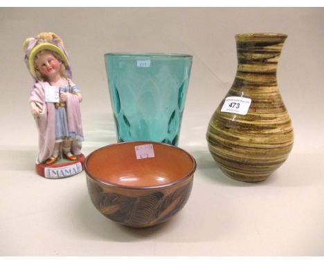 David Sharp, Rye Pottery baluster form vase, small Doulton Lambeth bowl, blue faceted glass vase and a Continental porcelain 