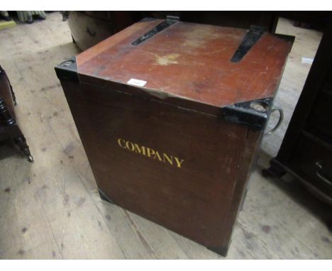 20th Century teak metal mounted trunk inscribed ' P Company ', 51 x 46 x 57cm 