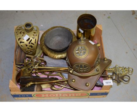 Quantity of brassware including a miniature model of a diver's helmet, World War I shell cases, candlestick and a fire kerb 