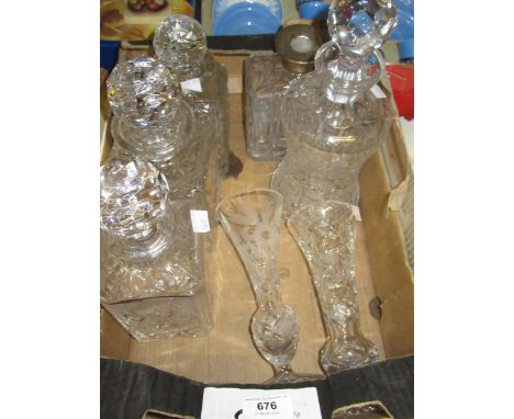 Rectangular cut glass decanter with silver collar, together with four other cut glass decanters and two cut glass vases 